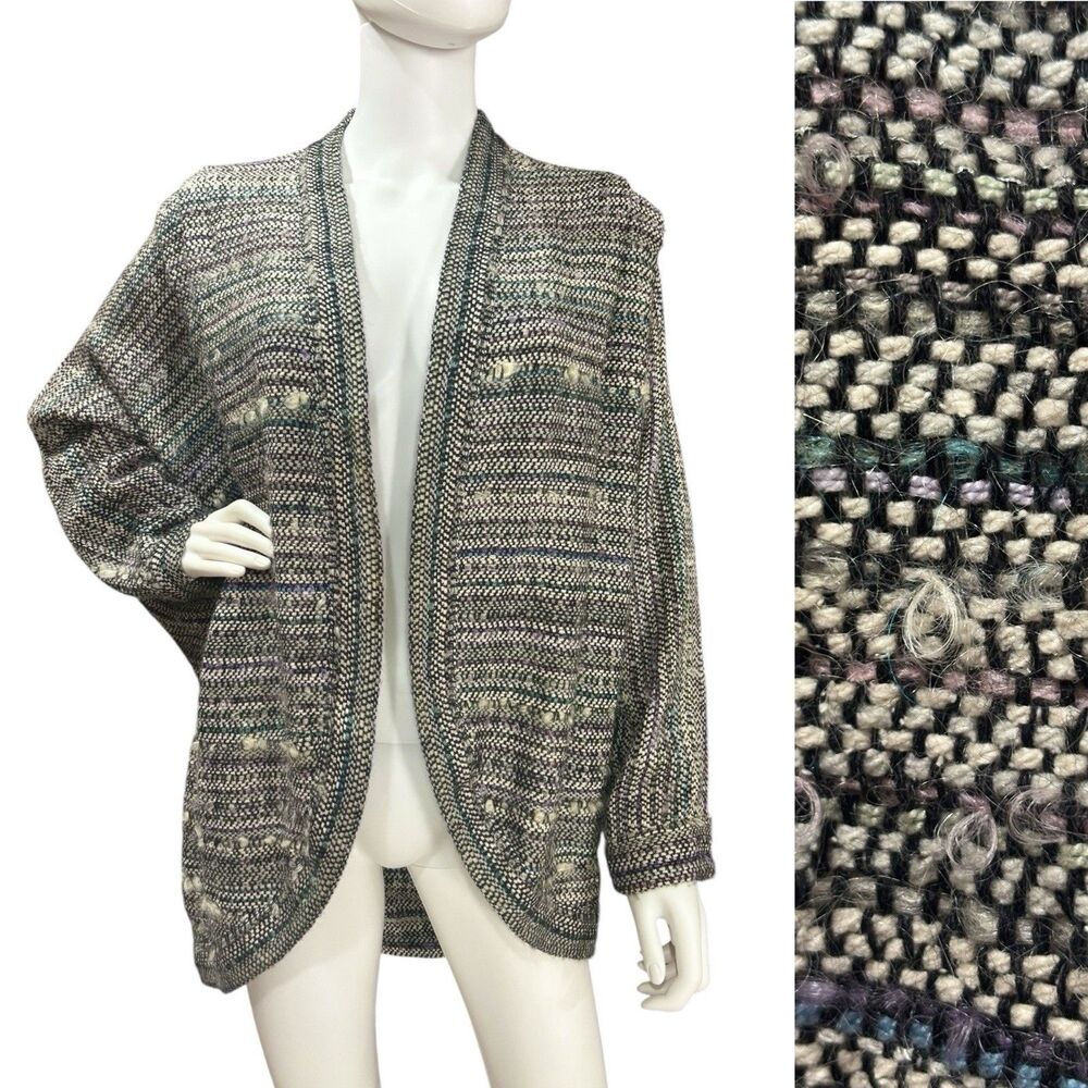 Maude Diggs Handwoven Open Front Cocoon Cardigan Jacket Fuzzy Multicolor Wool*